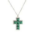 Silver cross necklace featuring square green emerald stones and white zircon accents - Platinum Green Zirconia