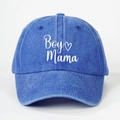 Blaue gewaschene Jeans-Baseballkappe mit weißer Boy Mama Bestickung und Herzmotiv - Einheitsgröße / Königsblau