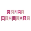 Pink and white Happy Birthday fishtail banner for party decoration with gold lettering - Pantone Color Birthday Banner