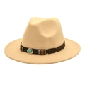 Detail of beige wool fedora featuring brown leather band with wood beads and turquoise - M (56-58cm) / Beige