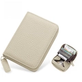 Beige genuine leather RFID blocking card holder with accordion slots and pebbled texture - JP-6003 Style / Off White