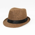 Men's summer linen fedora hat in brown with black ribbon and retro brim style - Adult Size (Approx 58cm) / Monofilament Straw-Coffee