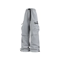 Pantalón cargo parachute gris claro de cintura alta con bolsillos y cordones - M / Gris Medio