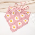 Pink handmade crochet triangle headband with white daisy pattern and thin straps - Pink Base White Daisy Bandana