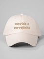 Close-up of brown embroidered Movida a Cervejinha text on light pink cotton baseball cap - Adjustable / Beige