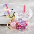 Creative pink milk tea liquid shaker keychain with laser strap and gold metal clasp - Lanyard Style / Pink