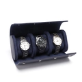 Three-slot PU leather watch storage box in navy blue finish with soft velvet interior - 3 Slots Litchi Deep Blue
