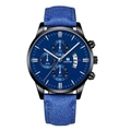 Macro detail of men's quartz watch showing navy blue dial and silver hands with date window - Blue Strap Black Case Blue Dial Silver Hands