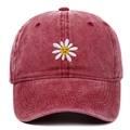 Detailed close-up of embroidered white daisy smile face on washed burgundy cotton baseball cap - Adjustable / Burgundy
