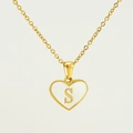 Gold stainless steel heart necklace featuring a natural white shell inlay with letter S - Letter S