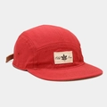 Side view of red vintage washed cotton 5-panel camper hat with Old New maple leaf patch - Adjustable / Red