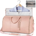 Pink 2-in-1 PU leather folding garment bag for women with large capacity storage - With Toiletry Bag / Pink