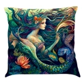 Square cotton linen pillowcase featuring artistic mermaid ocean print in turquoise and orange - Super Soft Velvet / 45x45cm / Pattern Q