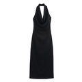 Elegant black satin halter midi dress featuring a cowl neck and smooth glossy finish - XS / Black