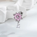 Silver flower stud earring with pink zircon petals and a teardrop crystal pendant - Pink Sunflower Water Drop Style (A1070-2#)