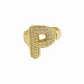 18k gold plated open ring featuring a sparkling zircon pavé bubble letter P design - Letter P / Gold