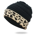 Winter black knit beanie with leopard print cuff and twisted cable pattern texture - One Size / Black