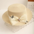 Sombrero canotier de paja para mujer con lazo de perlas ideal para la playa y protección solar - Beige