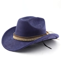 Detail of dark blue faux suede cowboy hat with beaded gold chain and woven band - M (56-58cm) / Navy Blue