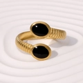 Vintage gold-plated ribbed stainless steel ring with dual black oval gemstones - Black