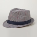 Detail van een Britse stijl fedora hoed met grijs ruitjespatroon en marineblauwe band - M (56-58cm) / Khaki