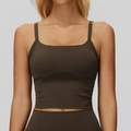 Débardeur de sport femme col carré marron foncé en tissu brossé élastique haute qualité - S / Café Noir