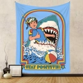 Macro detail of cartoon wall tapestry featuring a retro comic boy and shark illustration - 73X95CM / Stay Positive (Brushed)