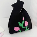 Minimalist black knit handbag with pink tulip floral patterns and wrist closure strap - 20*35cm / Black Pink Flower