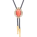 Detailed close-up of crown bolo tie with orange stone and braided black leather cord - 7 (Gold with Orange Cat's Eye)