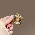 Vintage gold brooch with colorful gemstones and pearls in a rhombus frame design - 463# Vintage Style