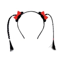 Halloween headband with red satin bows and long black braided pigtails for kids - Bow Wig Long Braids