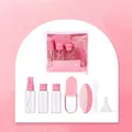 Pink 7-piece travel toiletry bottle set with spray and pump bottles in a clear pouch - SY763-Pink (50ml Empty Bottle + Mirror & Comb Set)