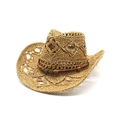 Detail of hand-woven straw cowboy hat featuring hollow stars and skull leather band - M(56-58cm) / Khaki