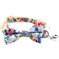 Floral pet collar with bowtie and silver bell in blue red and yellow daisy pattern - Bowknot Style / White Floral