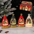Christmas tree shaped crystal music lanterns with Santa and snowman scenes in a set of four - Mini Christmas Tree Shape Crystal Light (2471)
