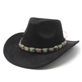 Black faux suede cowboy hat featuring ethnic turquoise beads and woven decorative band - M (56-59cm) / Black