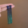 Luxurious long tassel earrings with blue to green gradient rhinestones in metal setting - Blue Green Gradient Gold Base Long Tassel (DTE1616820BKG-G)