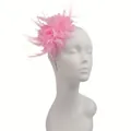 Elegant pink feather fascinator headband with mesh and beads for wedding or party - Pink