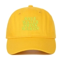 Close-up of Save Water Drink Margs green embroidery on yellow cotton baseball cap - Yellow