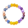 Close-up of natural tiger eye stone beads bracelet with colorful agate and silver accents - Purple Yellow Blue Patchwork