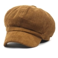 Vintage corduroy newsboy cap for women in dark khaki with classic octagonal texture - Yellow