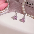 Boucles d'oreilles cœur en cristal rose rectangulaire et argent avec zircons - Carré Rose Coeur