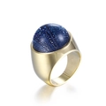 Exaggerated gold stainless steel ring featuring a domed blue foil glass centerpiece - Blue Silver Quicksand (KR88914G-K)