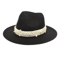 Classic black straw fedora hat for women with white ribbon and faux pearl embellishments - M (56-58cm) / Black