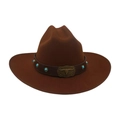 Classic dark brown fedora jazz hat with turquoise beads and a bull skull metal buckle - One Size / Coffee Wrapped Edge (Turquoise Bull Head)