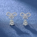 Sparkling silver bow knot earrings featuring water drop pendants with micro-pave crystals - Platinum Led-118