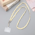 Detail of yellow and white braided phone lanyard with silver metal clasp and clear patch - 10mm Width / Yellow + White