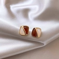 Retro gold stud earrings with brown and cream resin inserts on white silk background - Retro Gold Brown and Off-white Spliced Stud Earrings