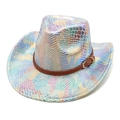 Western holographic cowboy hat with colorful snakeskin pattern and brown faux leather band - M (56-58cm) / White