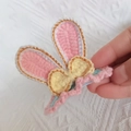 Handmade crochet bunny ear hair clip with yellow bow and pastel pink base for girls - Gold Edged Pink White Rabbit Ears